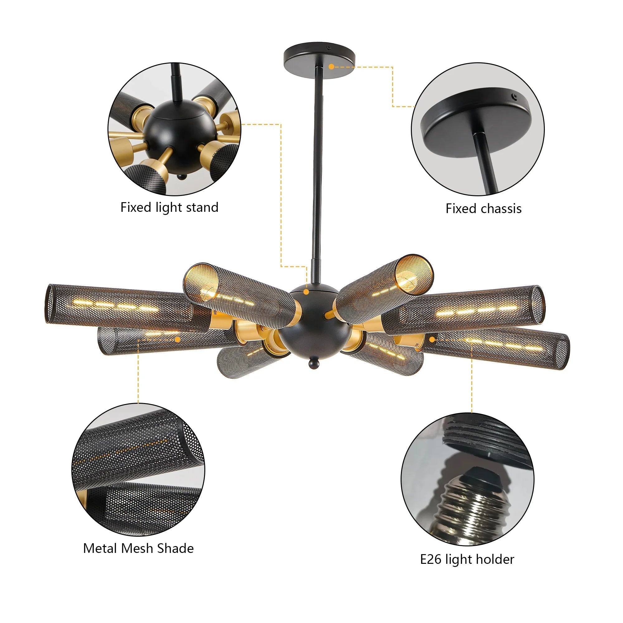 34" Sputnik Chandelier | 8-Light Black & Gold Industrial Pendant Light with Mesh Shades — E26, Dining Room, Living Room & Kitchen