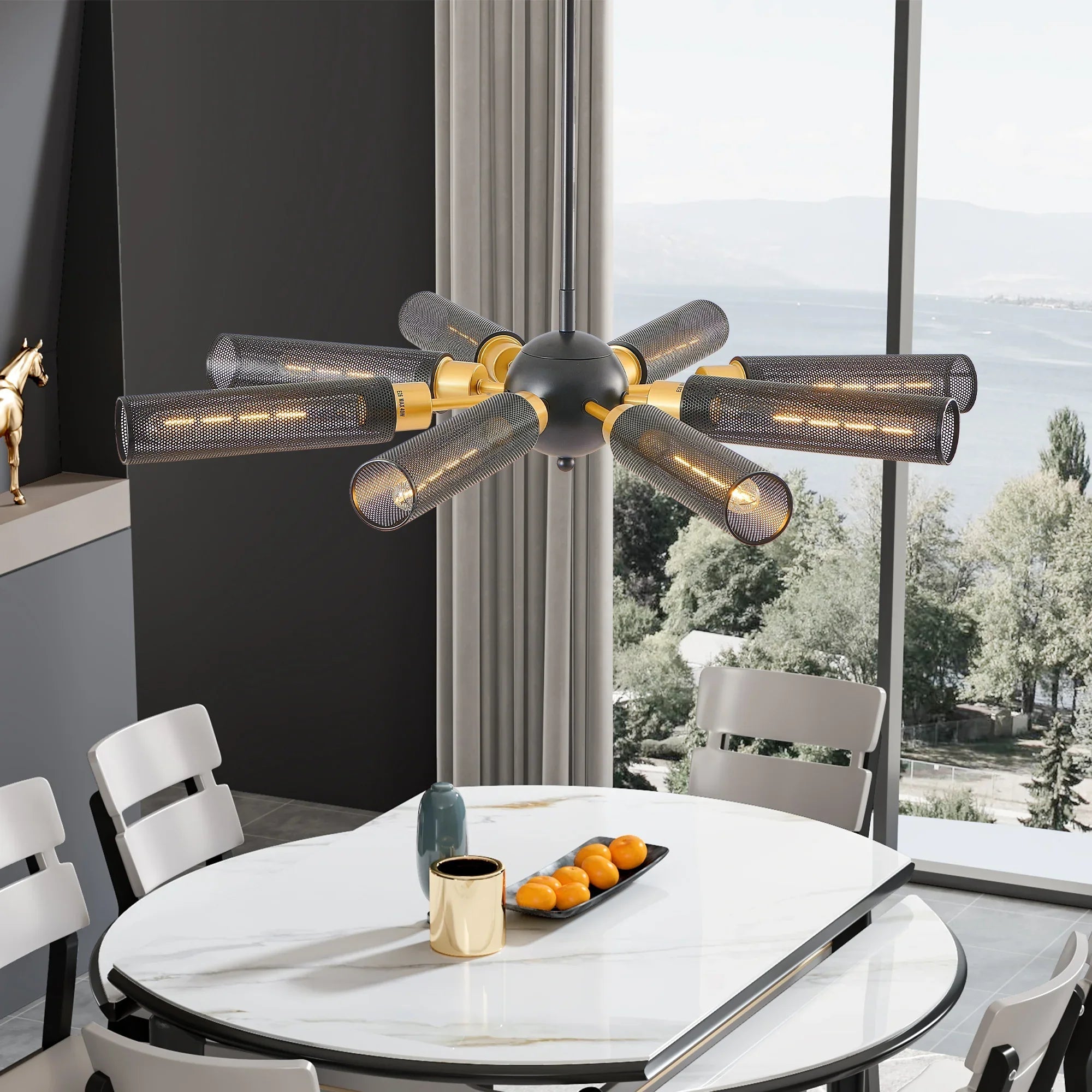 34" Sputnik Chandelier | 8-Light Black & Gold Industrial Pendant Light with Mesh Shades — E26, Dining Room, Living Room & Kitchen