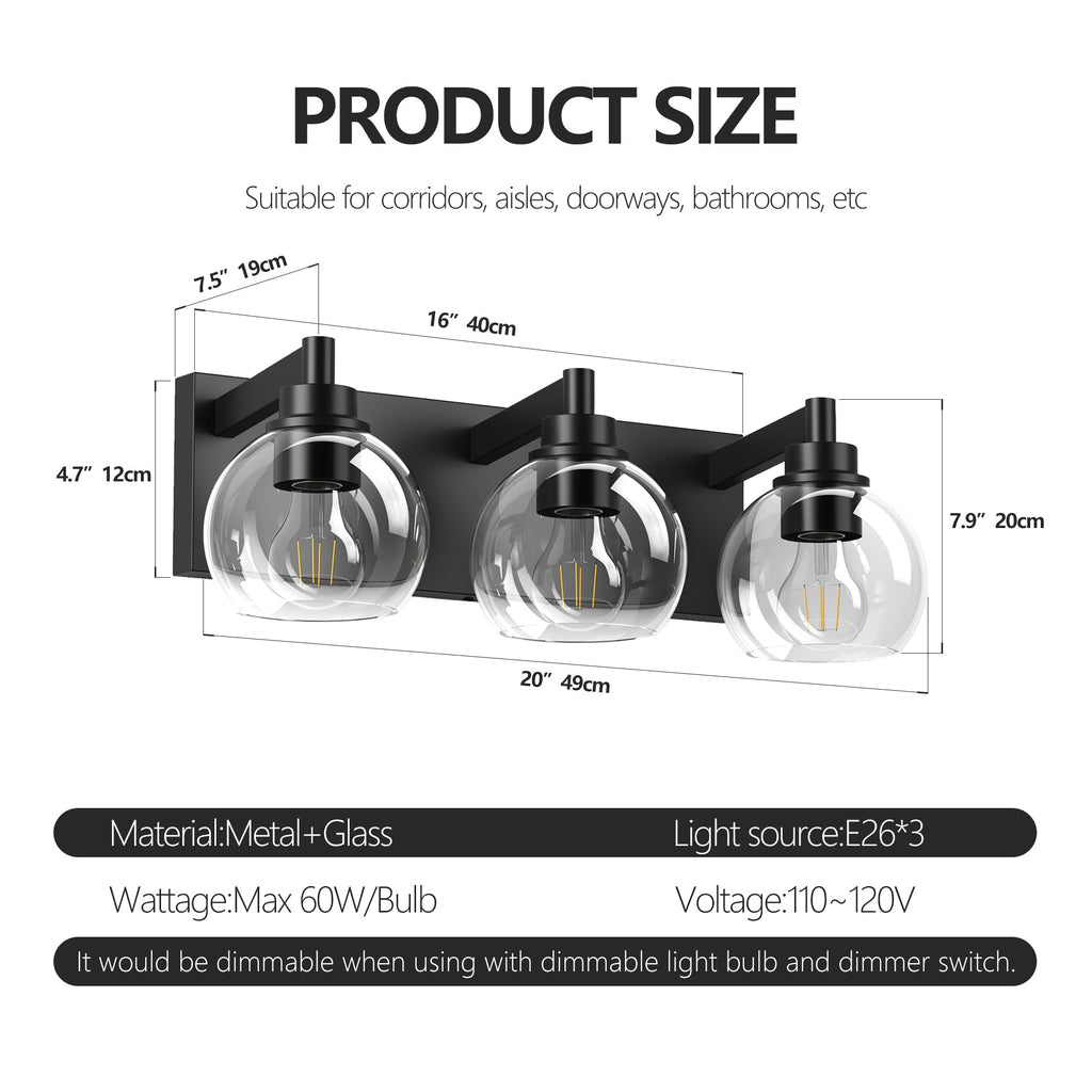 Matte Black Vanity Light | 3/4/5/6-Light Bathroom Wall Sconce with Clear Glass Shades & E26 Socket — Water-Resistant, Up or Down Mount