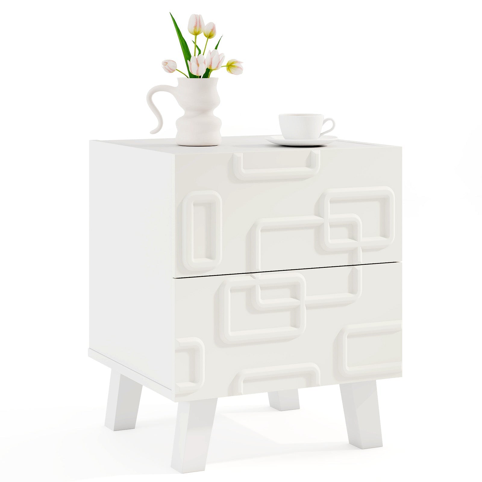 Modern Nightstand Side Table with Drawers and 3D Geometric Patterns-White