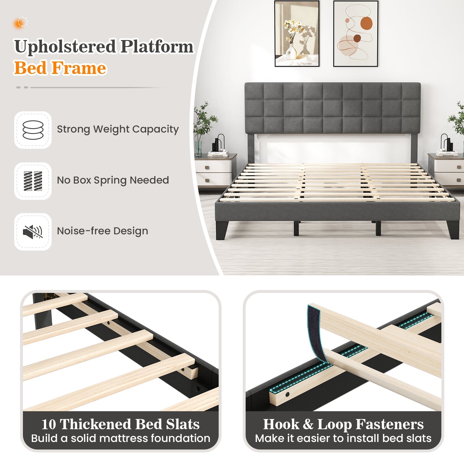King Size Modern Linen Bed Frame with Adjustable Headboard-Gray