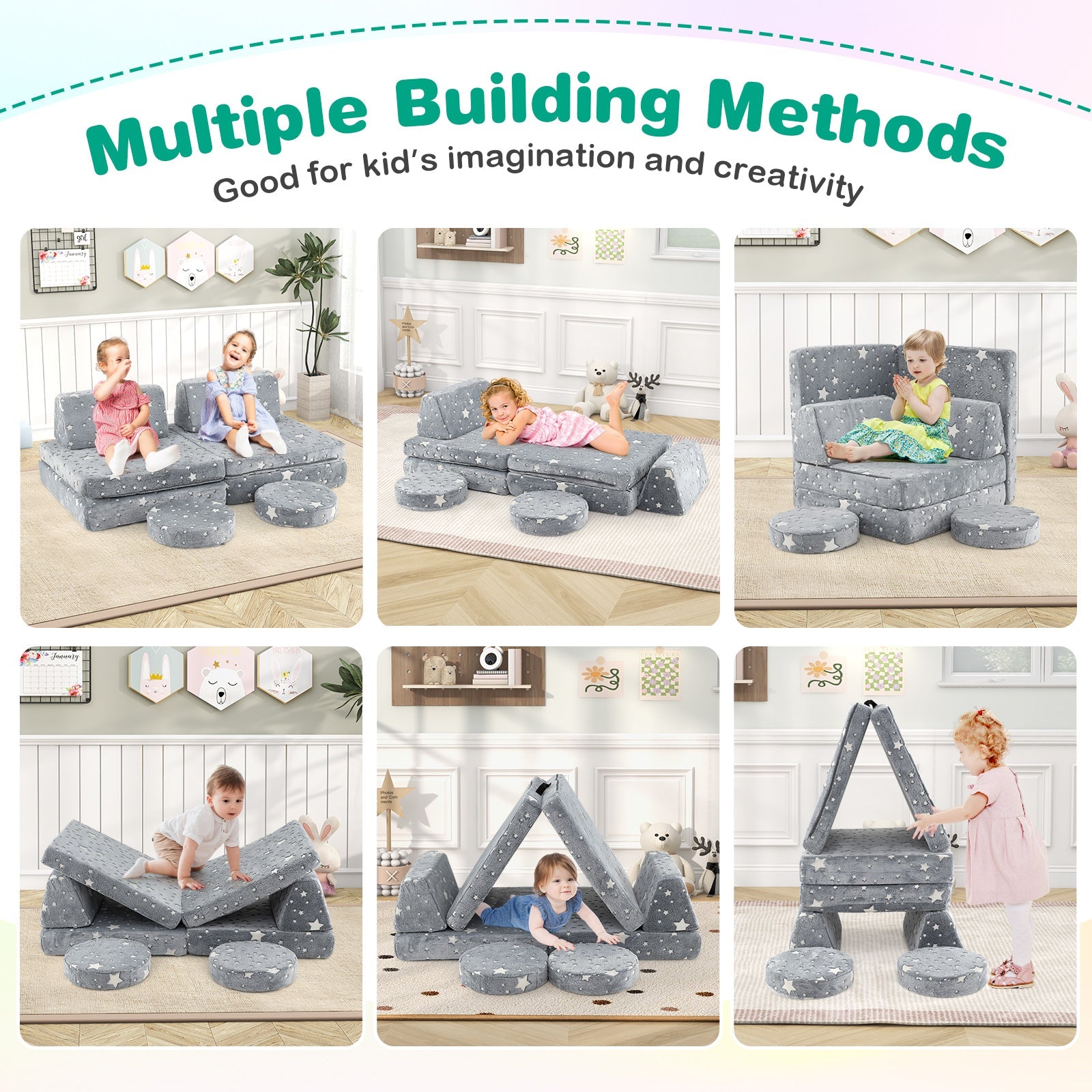 Modular Kids Play Couch Set Glow in the Dark with Portable Handles-Gray