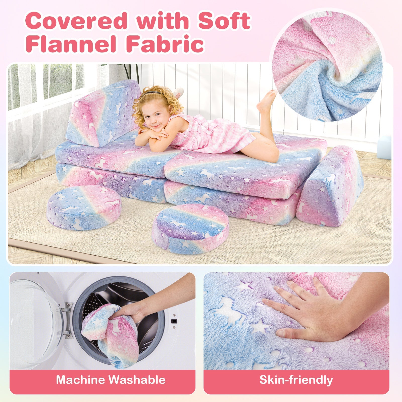 Modular Kids Play Couch Set Glow in the Dark with Portable Handles-Color