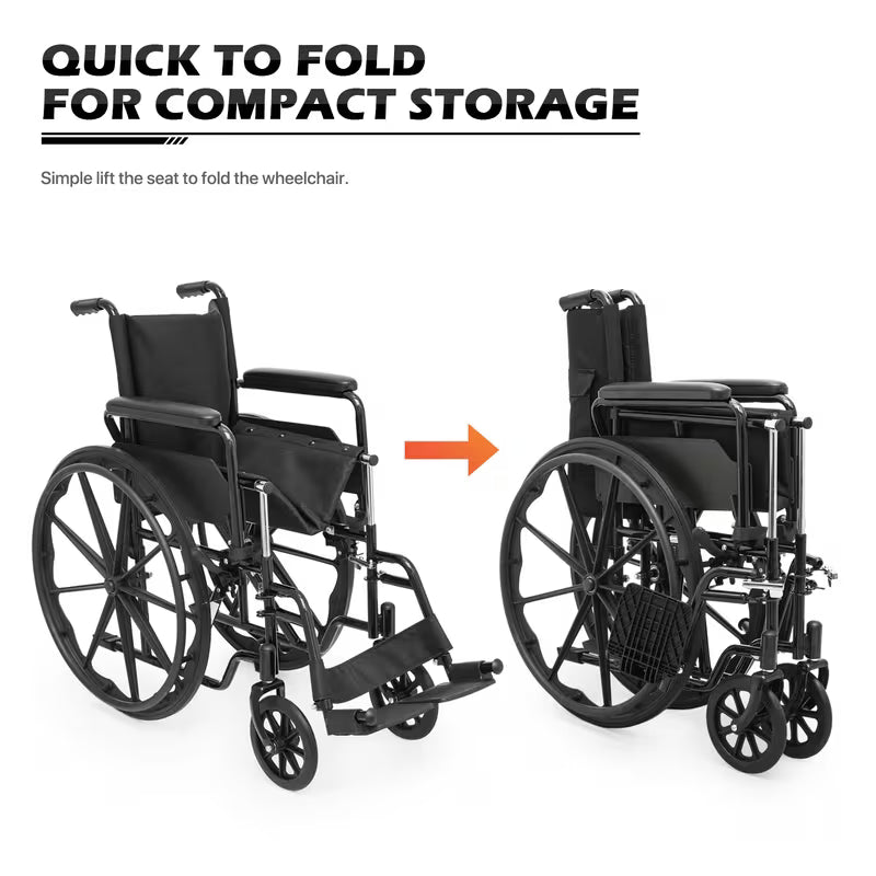 Monicare Portable Folding Wheel Chair with Flip-Back Armrest and Swing Away Foot Leg Rest, Steel Frame Nylon Seat, 18 inch Wide Seat