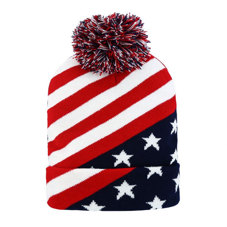 America USA Diagonal Flag Pom Pom Winter Beanie Hat
