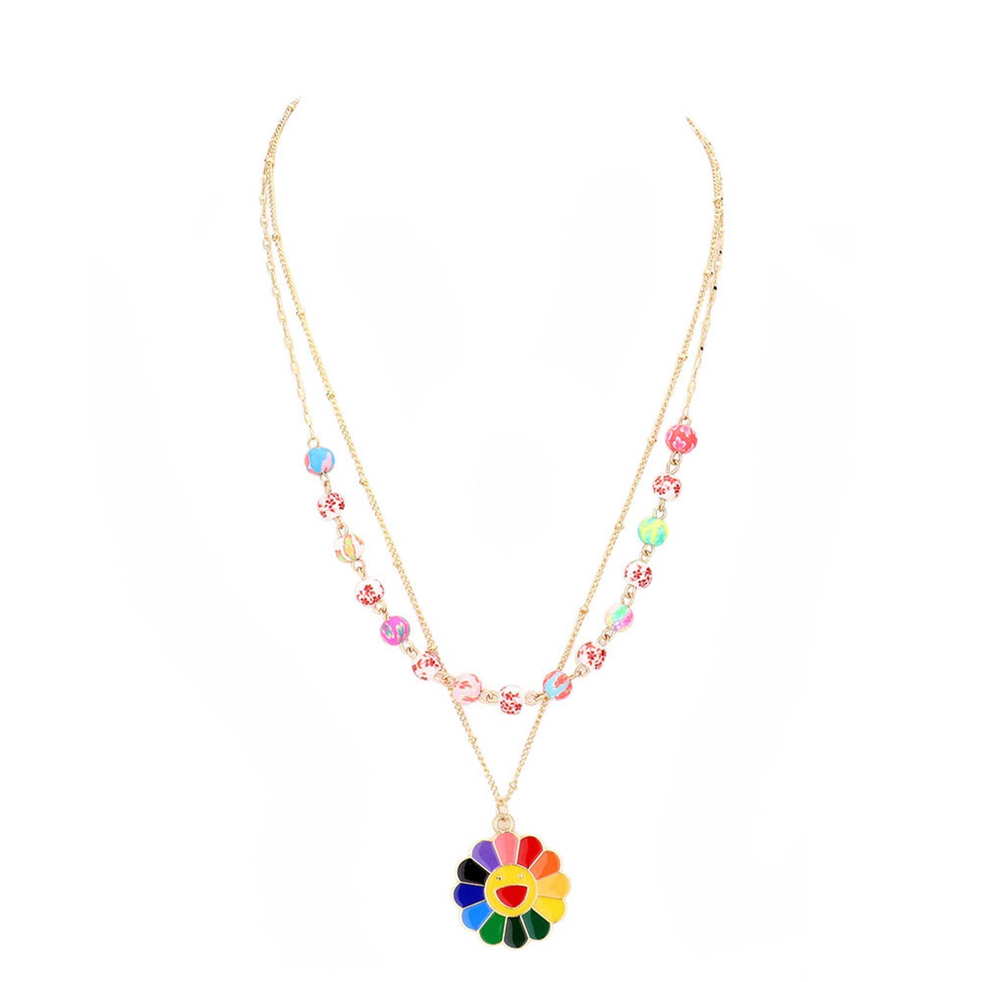 Enamel Smile Flower Patterned Beaded Double Layered Necklace