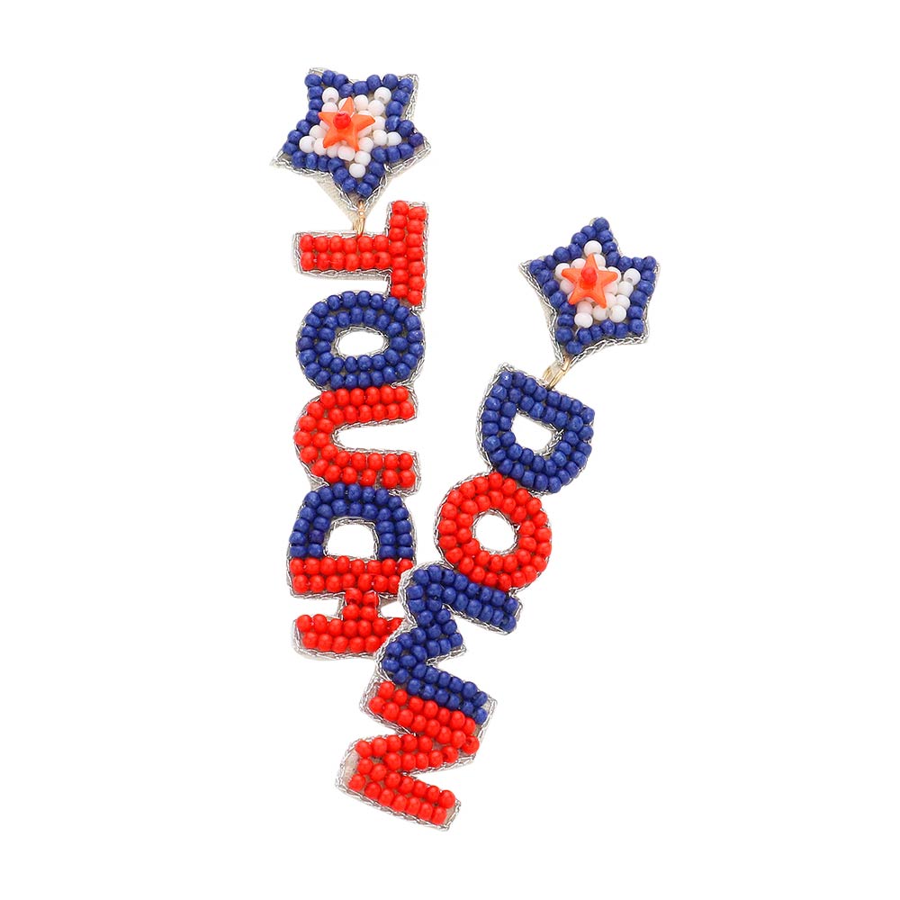 Felt Back USA Flag Beaded Star Touch Down Message Earrings