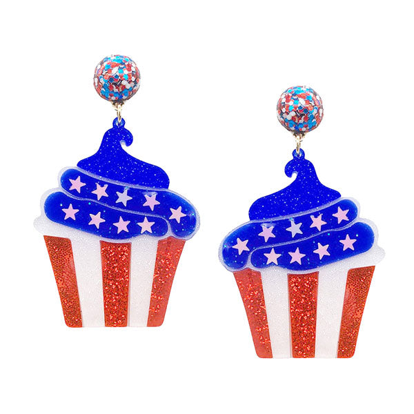Glittered Resin American USA Flag Cupcake Dangle Earrings