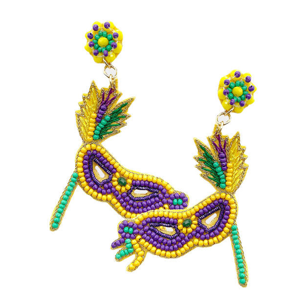 Mardi Gras Seed Beaded Felt Back Party Mask Dangle Earrings