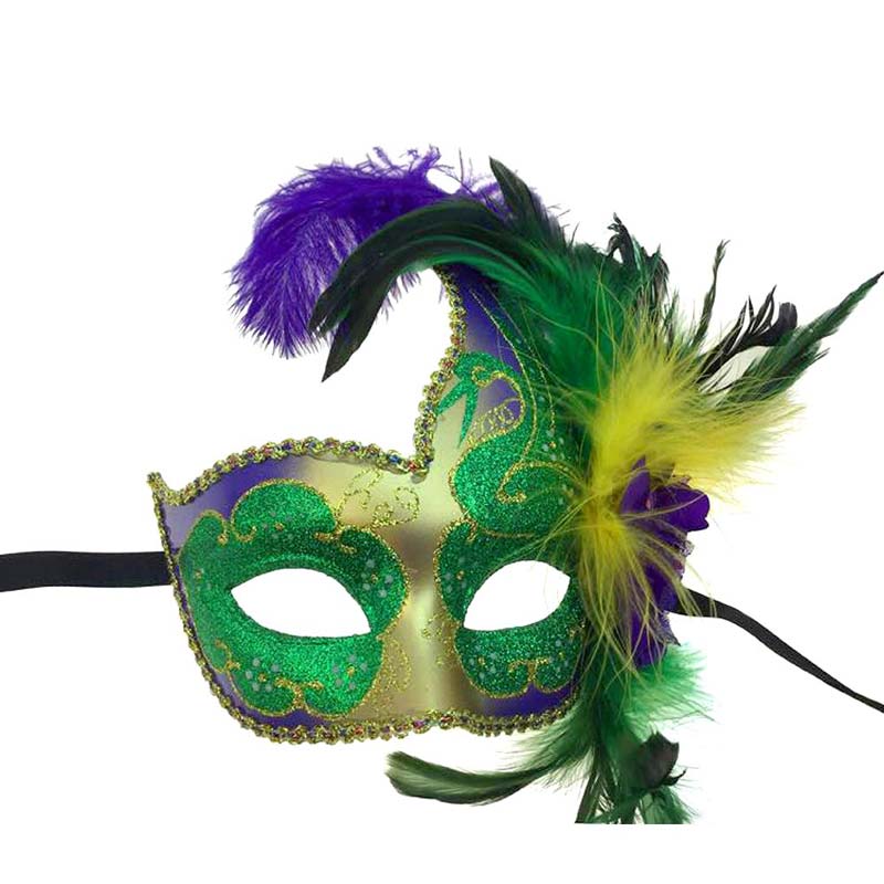 Mardi Gras Venetian Styled Mask With Feather Oneside