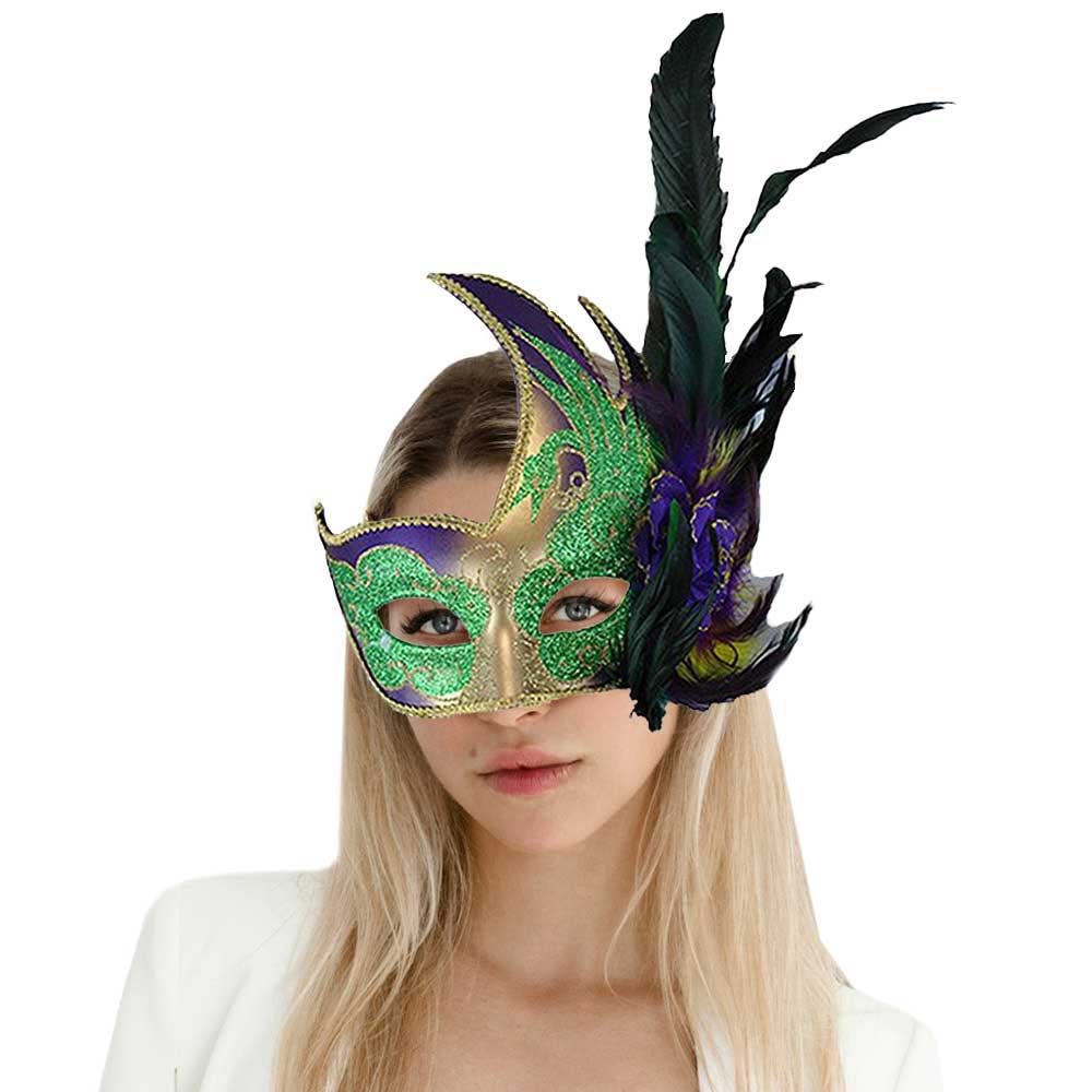 Mardi Gras Venetian Styled Mask With Feather Oneside