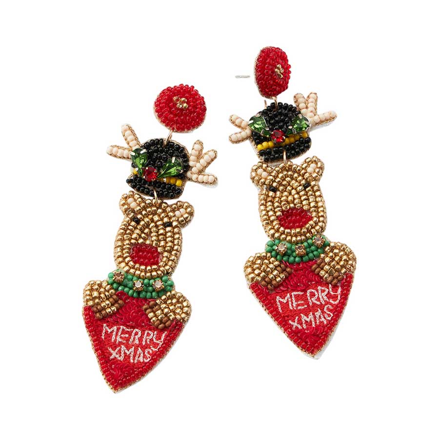Merry Xmas Message Felt Back Seed Beaded Rudolph Heart Dangle Earrings
