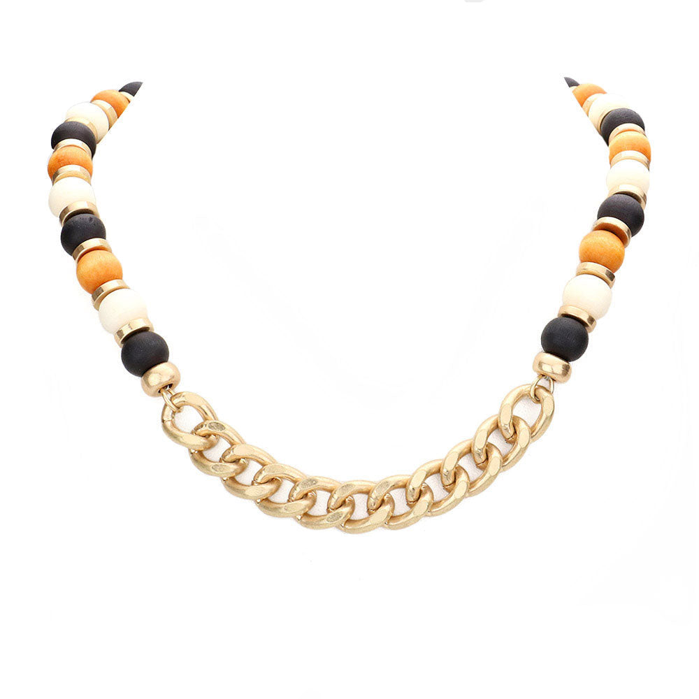 Metal Chain Link Accented Wood Necklace