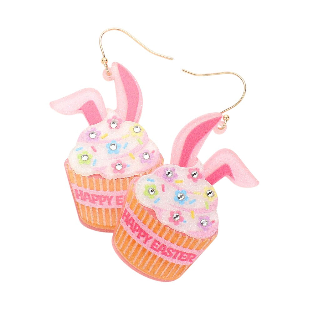 Resin Happy Easter Message Bunny Cupcake Dangle Earrings