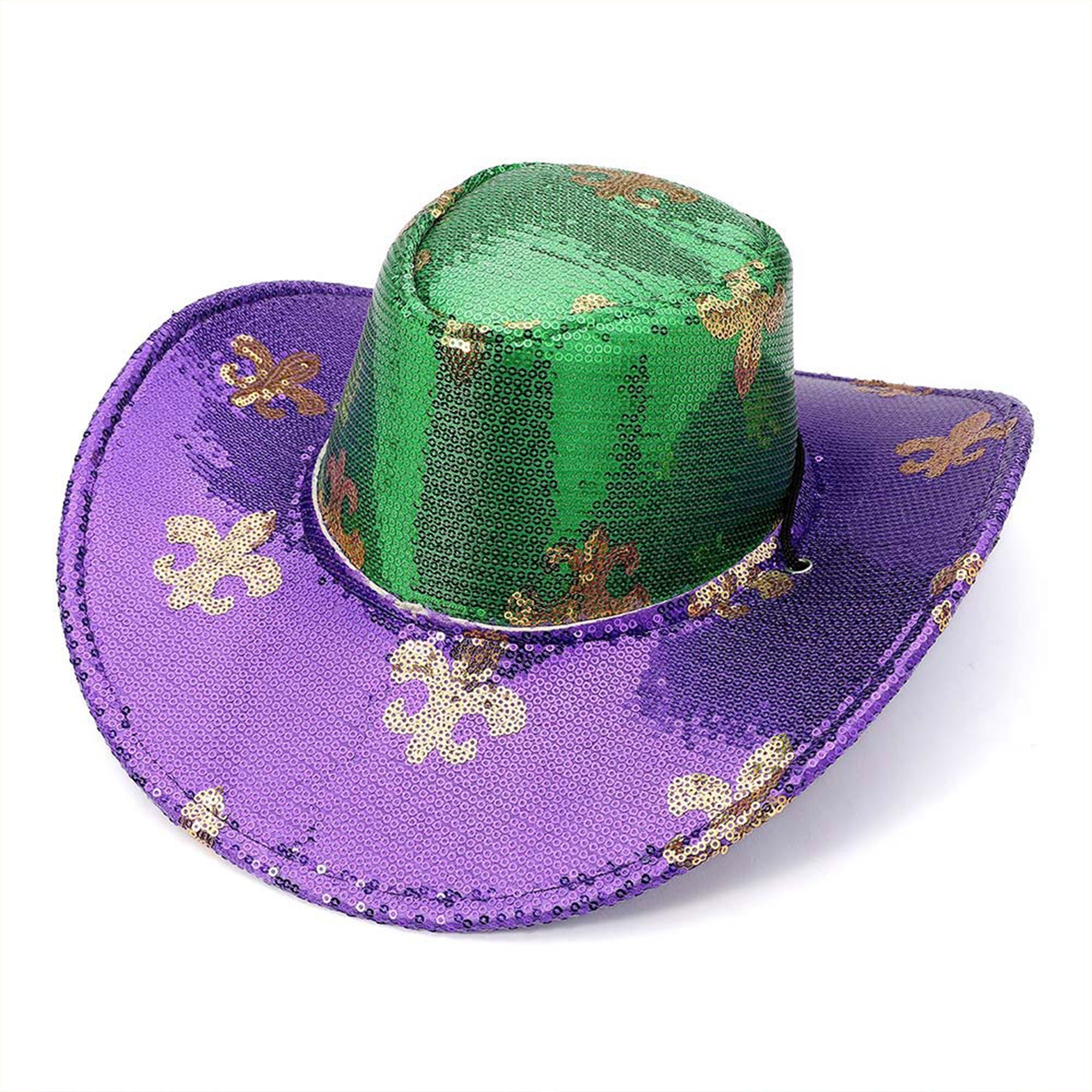 Sequin Fleur de Lis Patterned Mardi Gras Fedora Hat