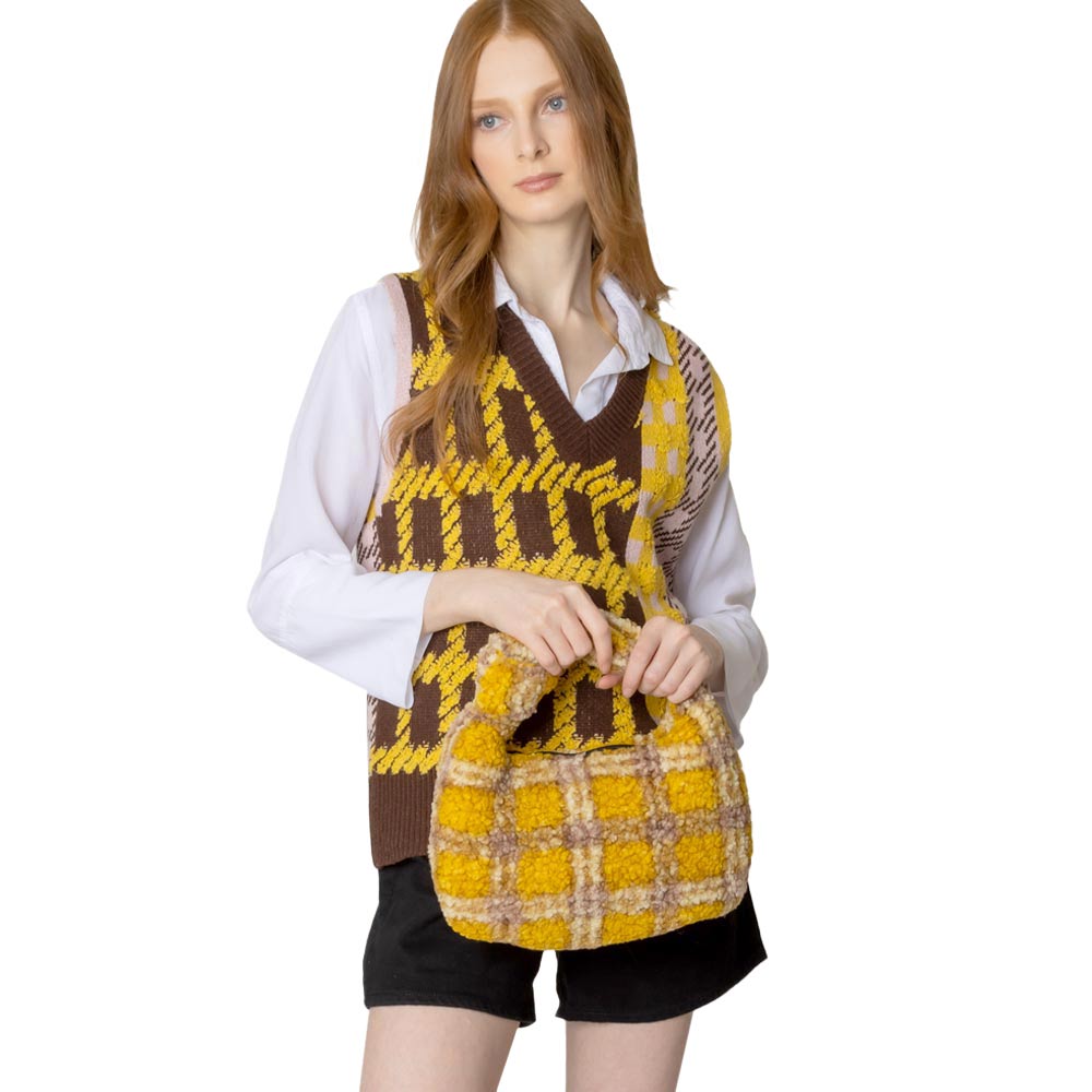 Plaid Check Patterned Sherpa Tote Bag