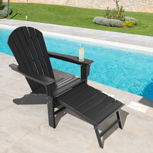 Patio HDPE Adirondack Chair with Retractable Ottoman-White