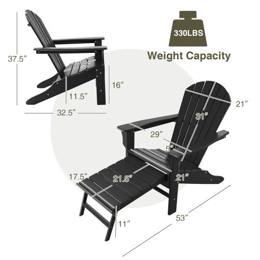 Patio HDPE Adirondack Chair with Retractable Ottoman-White