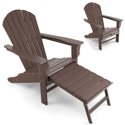 Patio HDPE Adirondack Chair with Retractable Ottoman-White