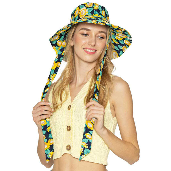 Sunflower Patterned Chin Tie Bucket Hat