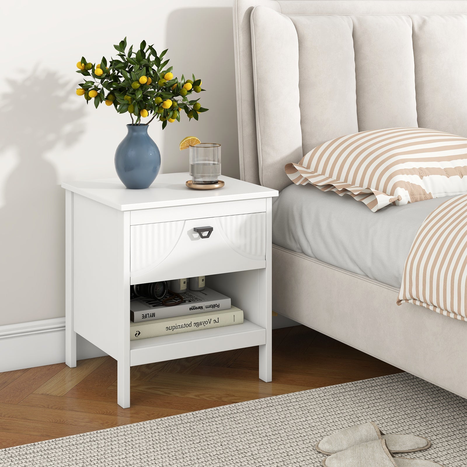 2-tier Wood Nightstand with Drawer and Open Storage Shelf for Bedroom-White