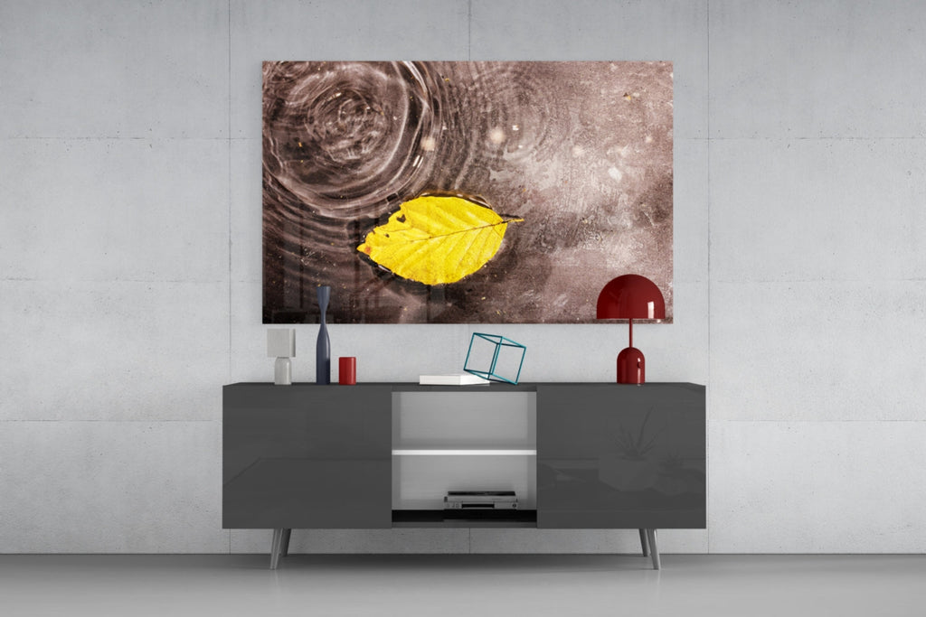 Wide Ripple Pond Single Yellow Leaf Glass Wall Art