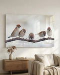 Five Sparrows Perched On Branch Glass Wall Art