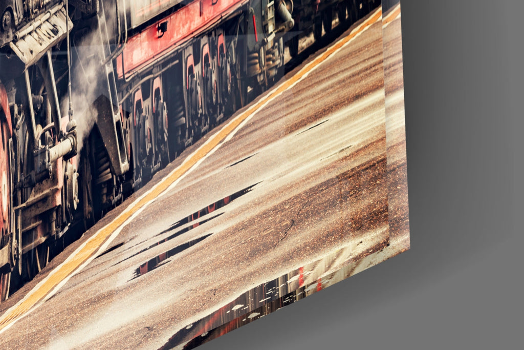 Red Steam Train At Sepia Station Glass Wall Art