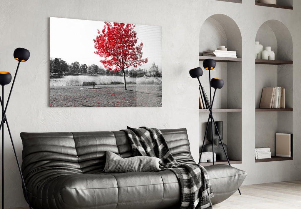 Lone Red Tree Bench Glass Wall Art