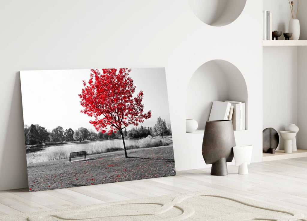 Lone Red Tree Bench Glass Wall Art