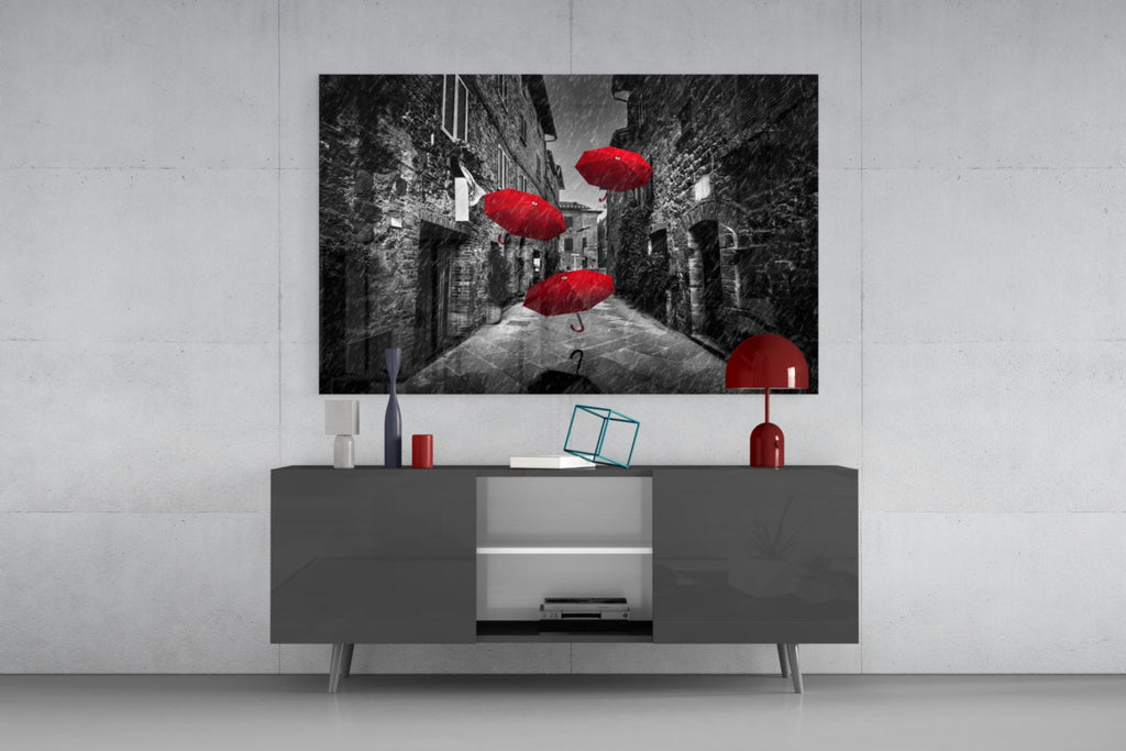 Three Red Umbrellas Rainy Alley Glass Wall Art