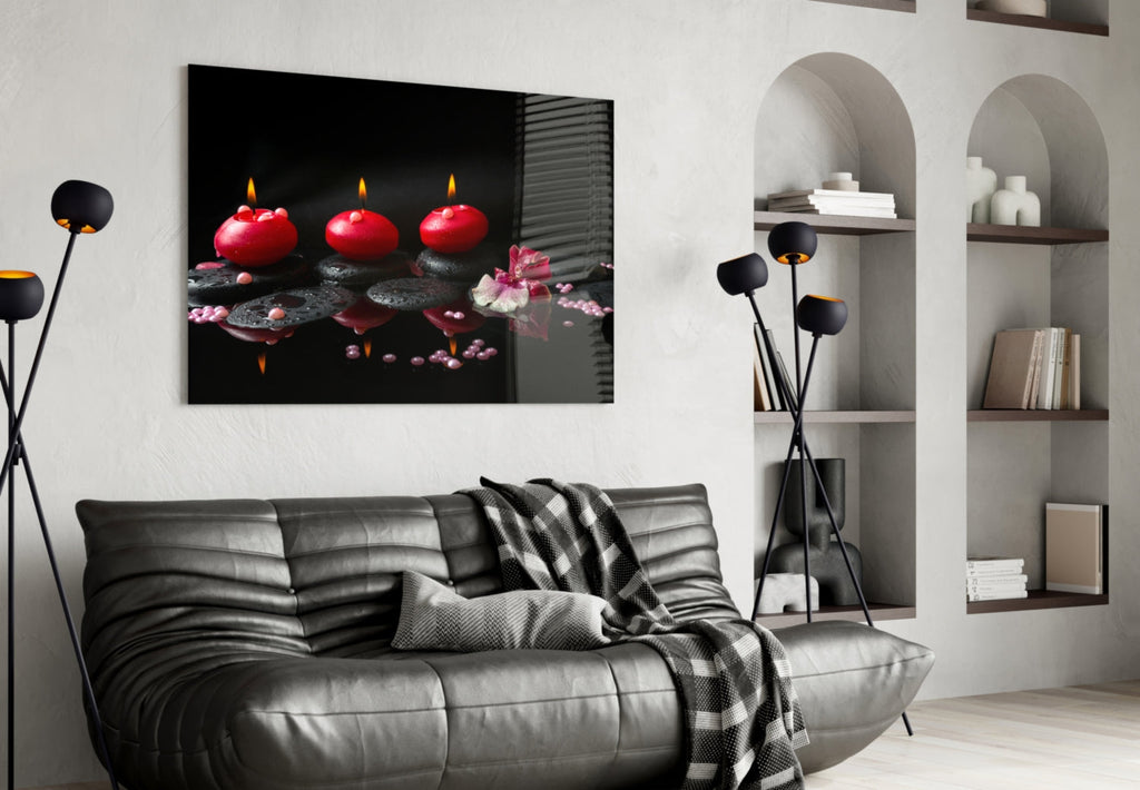 Red Candles Zen Stones Glass Wall Art