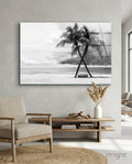 Black And White Twin Beach Palm Trees Glass Wall Art