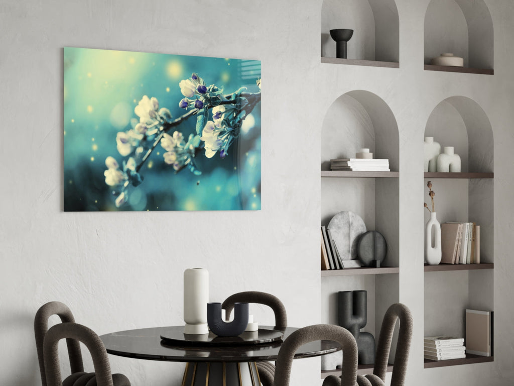 Teal Blossom Bokeh Branch Glass Wall Art