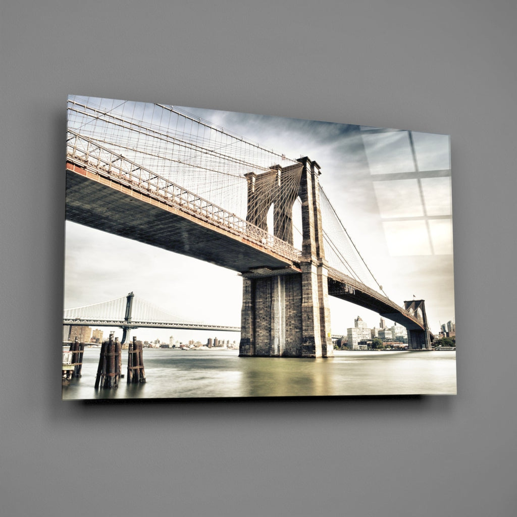 Warm Sunset Brooklyn Bridge Glass Wall Art