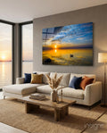 Golden Sunset Lake Swan Glass Wall Art