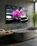 Magenta Orchid Pair Black Stones Glass Wall Art