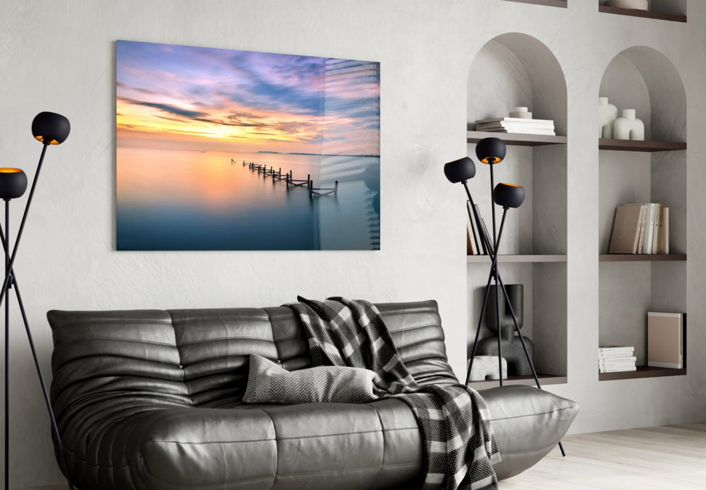 Purple Dusk Pier Posts Glass Wall Art