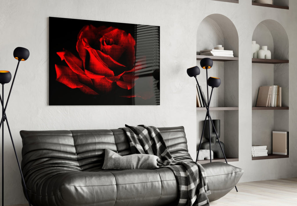 Glowing Red Rose Close Up Glass Wall Art