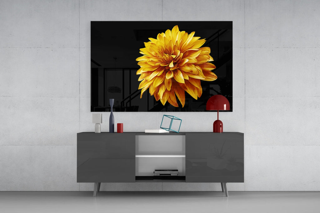 Golden Dahlia On Black Flower Glass Wall Art