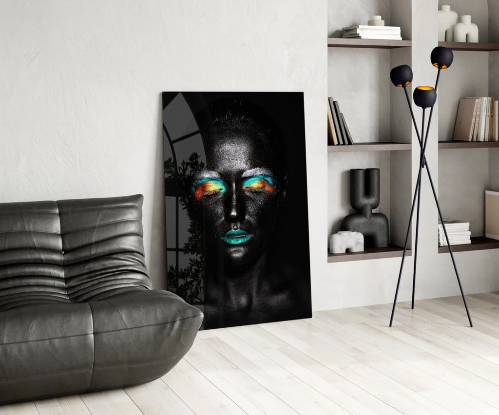 Teal Orange Eyeshadow Woman Glass Wall Art