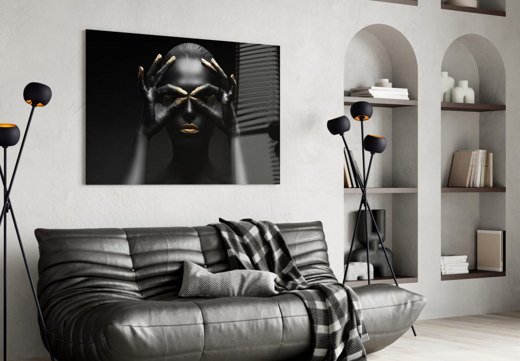 Gold Fingertips Over Eyes Woman Glass Wall Art