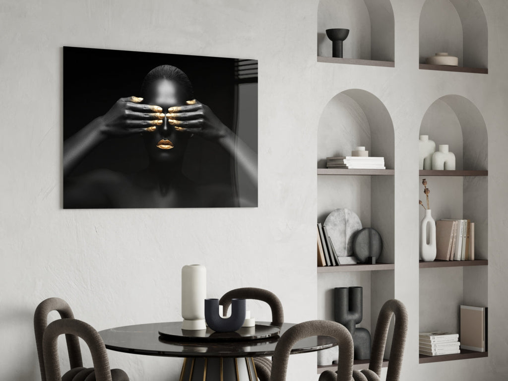 Gold Manicure Hidden Eyes Woman Glass Wall Art