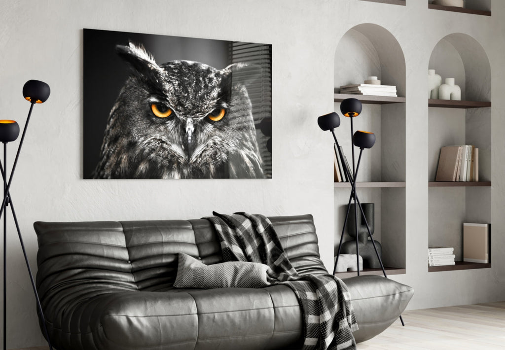 Horned Owl Orange Eyes Glass Wall Art