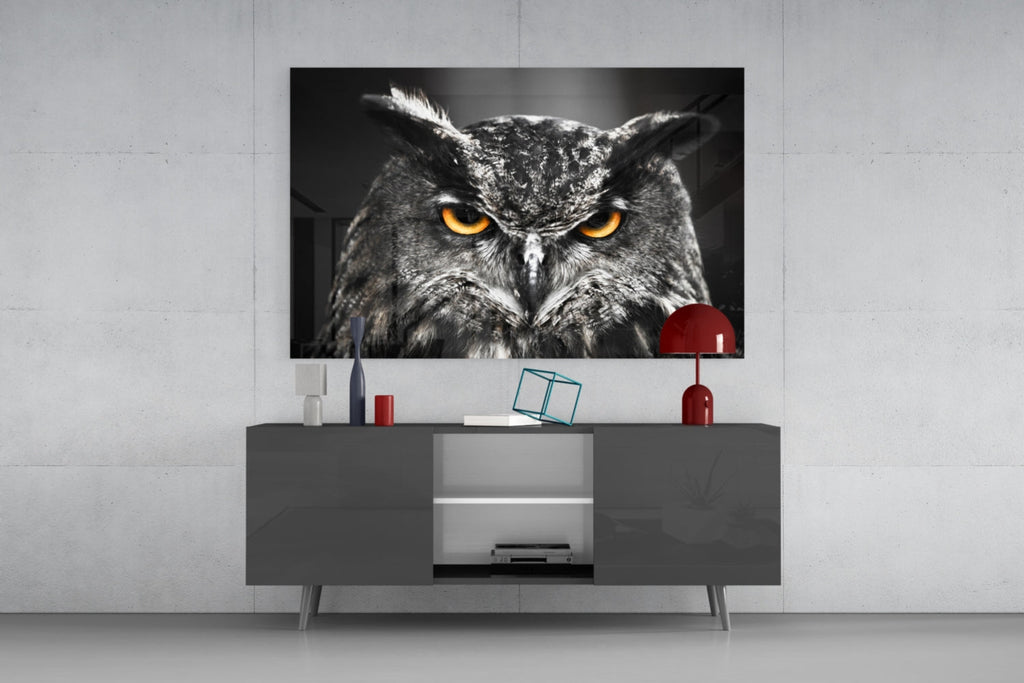 Horned Owl Orange Eyes Glass Wall Art