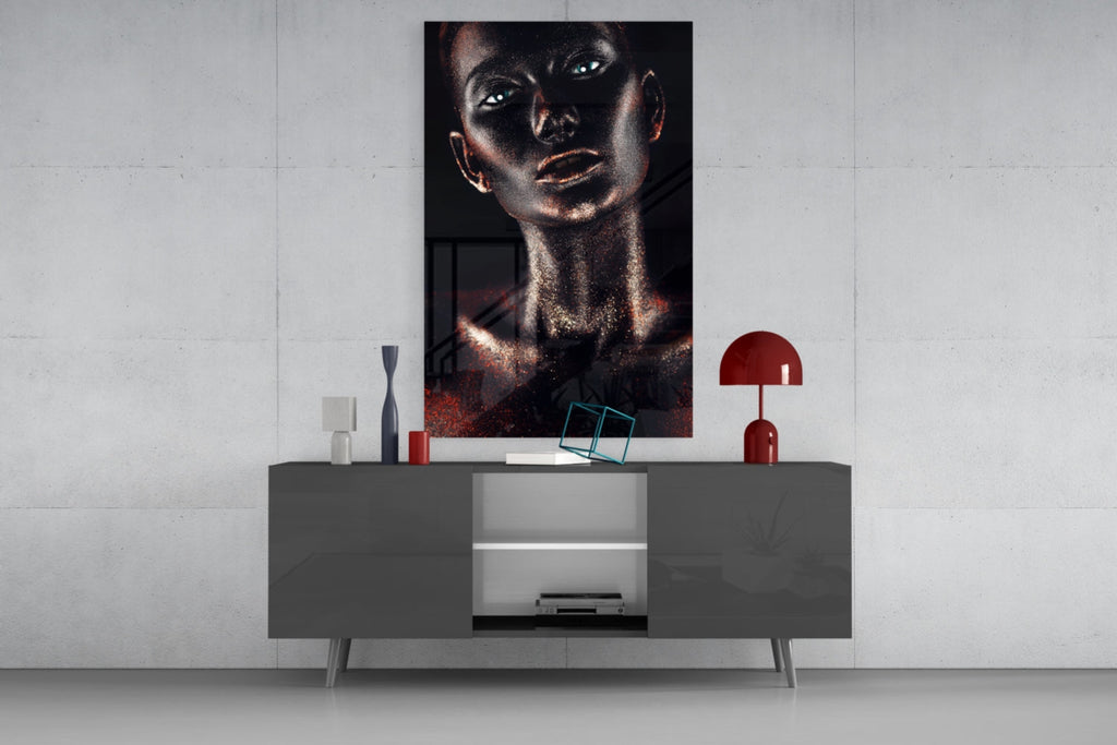 Copper Glitter Blue Eyes Woman Glass Wall Art
