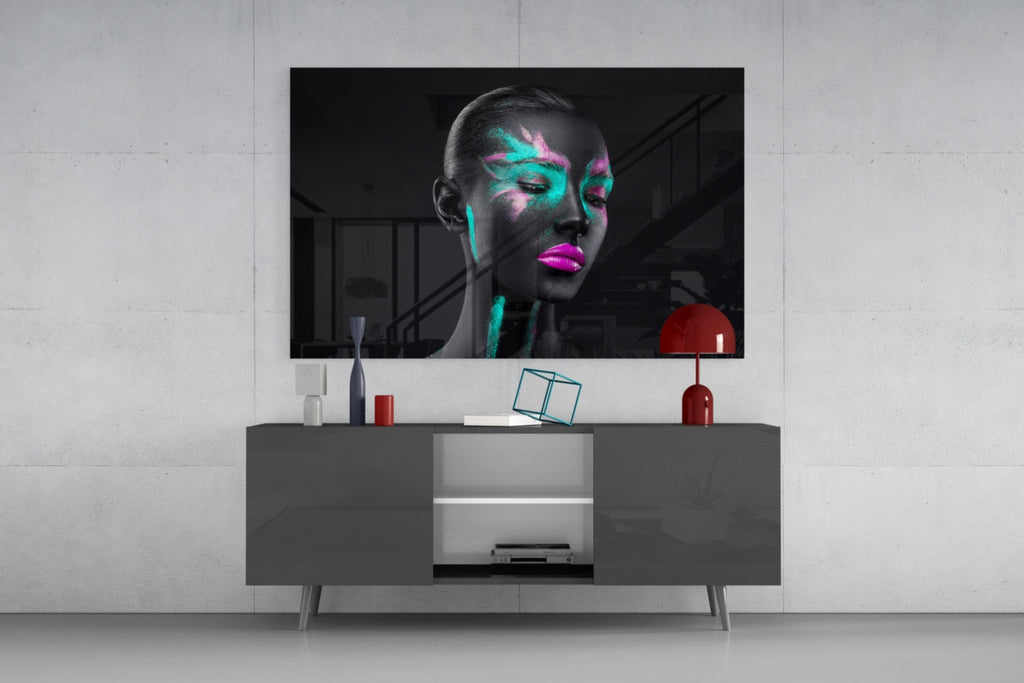Teal Pink Brushstroke Woman Glass Wall Art