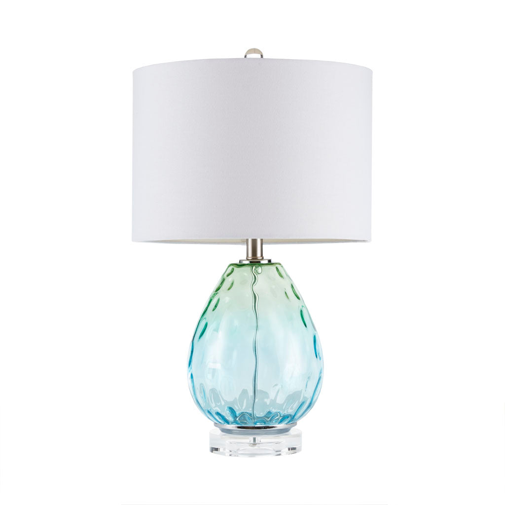 Ombre Glass Table Lamp – Blue Green & Dark Blue, White Drum Shade & LED Bulb Included | Modern Accent Lamp