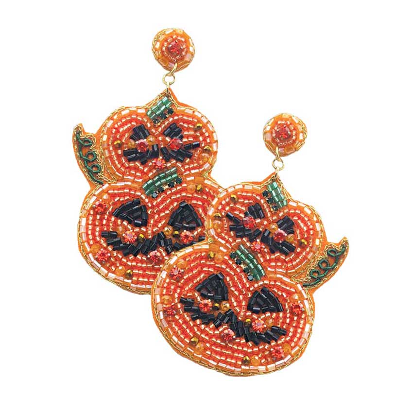 Felt Back Halloween Pumpkin Beaded Dangle Earrings