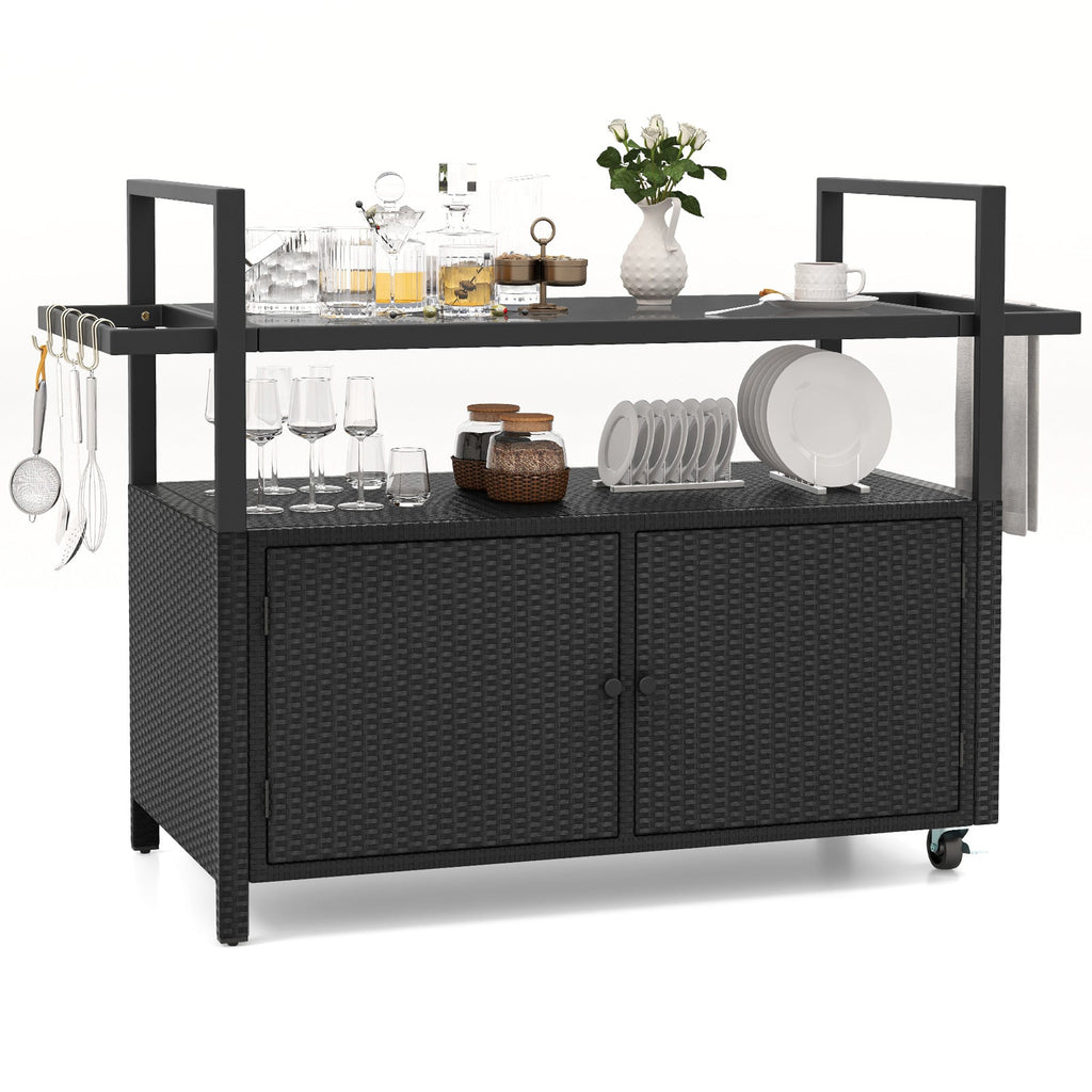 Outdoor Bar Cart Wicker Buffet Serving Cart with Cabinet and 8 Hooks